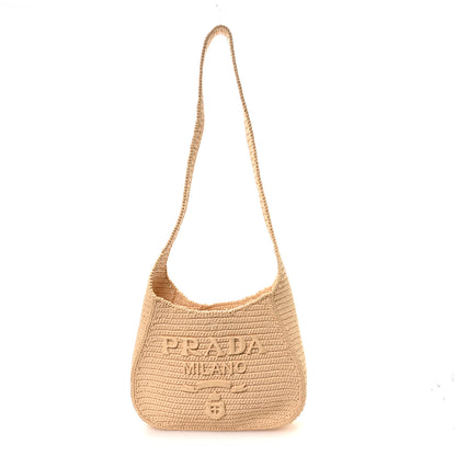 Prada Yarn Raffia Effect Crochet Embroidered Logo Hobo Naturale 1 of 10