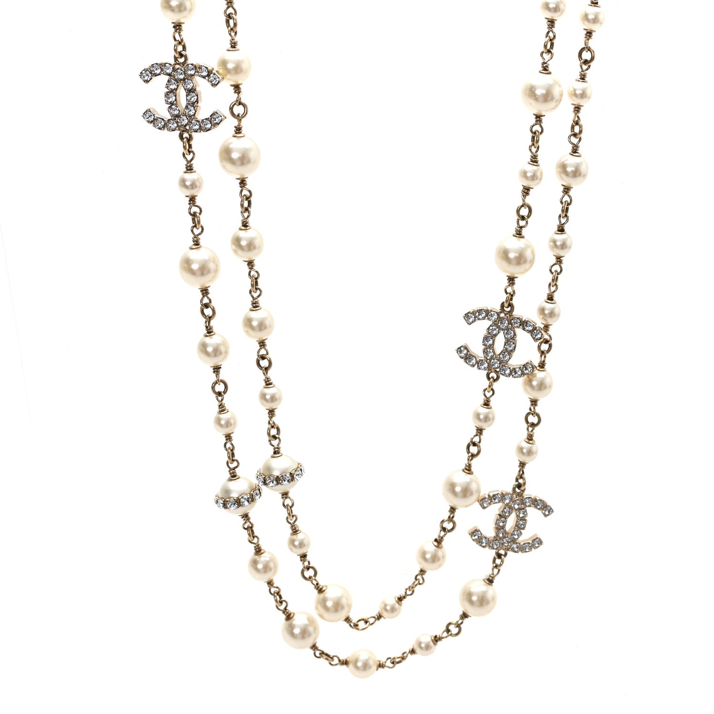 Crystal Pearl CC Long Necklace Gold