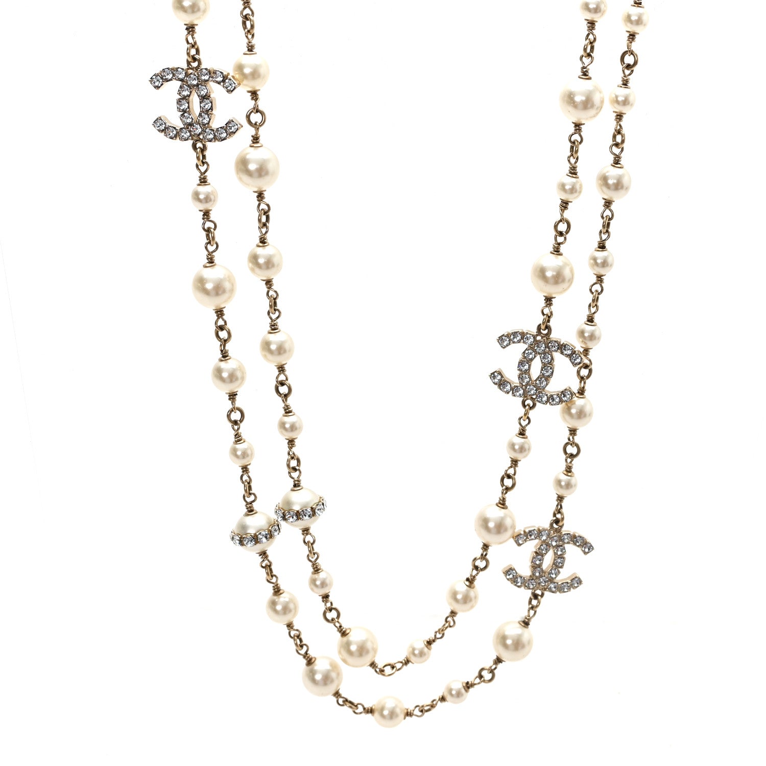 Chanel Crystal Pearl CC Long Necklace Gold 1 of 5