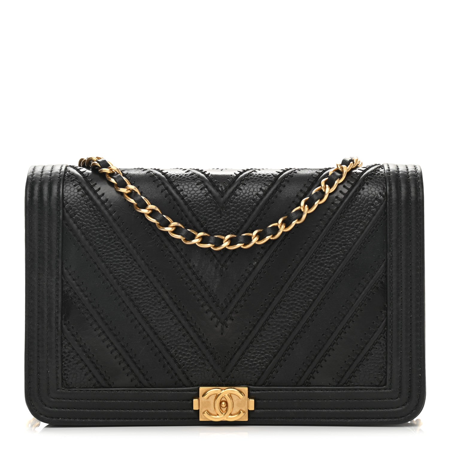 Chanel Calfskin Caviar Chevron Quilted Mixed Boy Wallet On Chain WOC Black 1 of 12