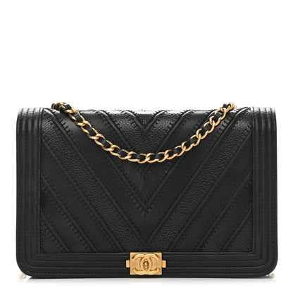 Chanel Calfskin Caviar Chevron Quilted Mixed Boy Wallet On Chain WOC Black 1 of 12