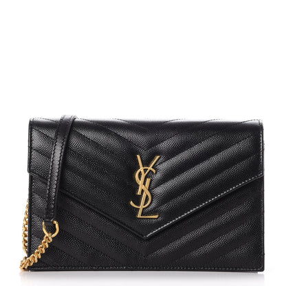 Saint Laurent Grain De Poudre Matelasse Chevron Monogram Envelope Chain Wallet Black 1 of 8