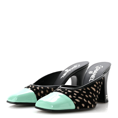 Chanel Pony Hair Lambskin Patent Calfskin Cap Toe Mules 38.5 Black White Green 4 of 10