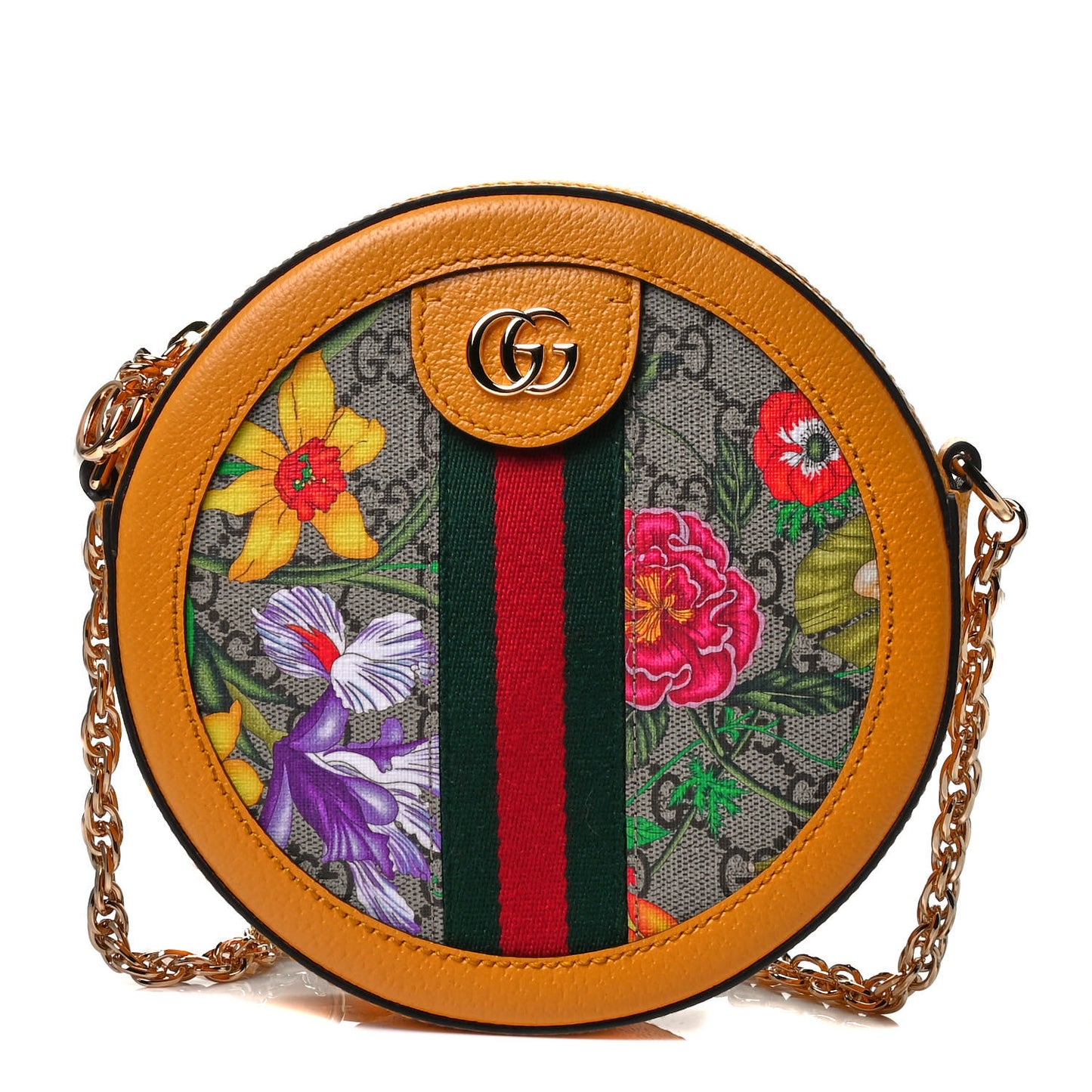 GG Supreme Monogram Flora Web Mini Ophidia Round Shoulder Bag Beige Multicolor Crop