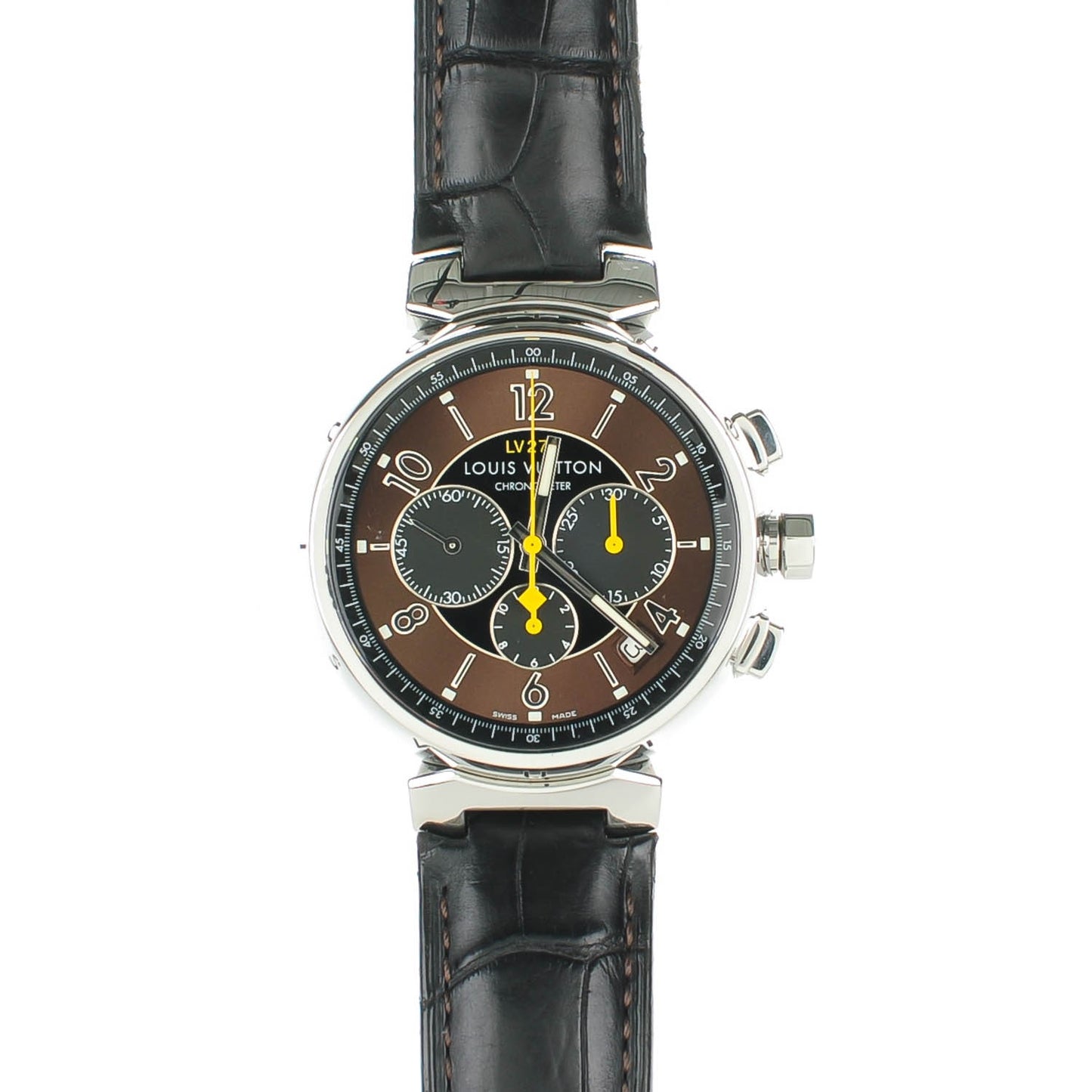 Stainless Steel Alligator 41mm Tambour Chronograph Automatic Watch Brown