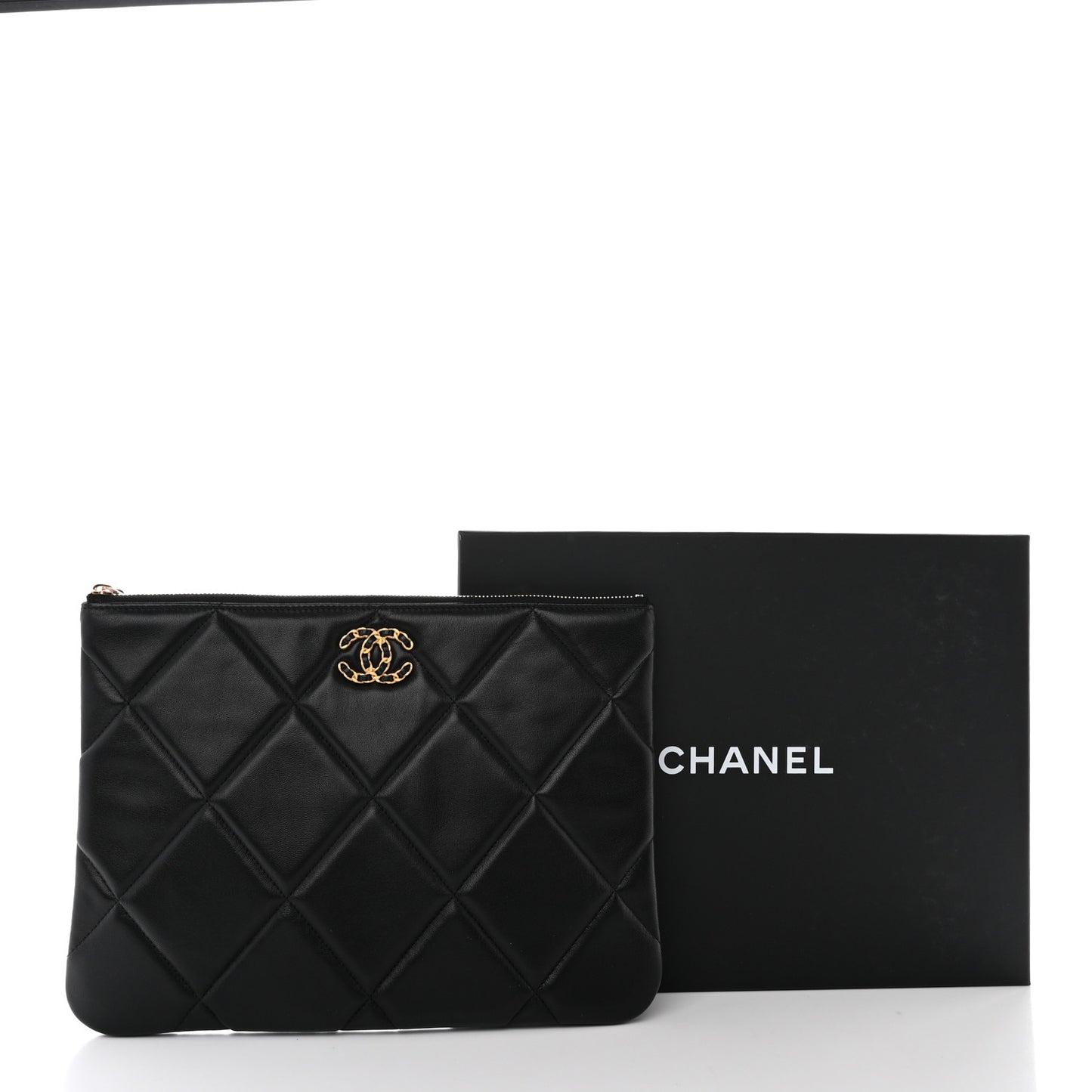 Goatskin Quilted Large Chanel 19 Pouch Black