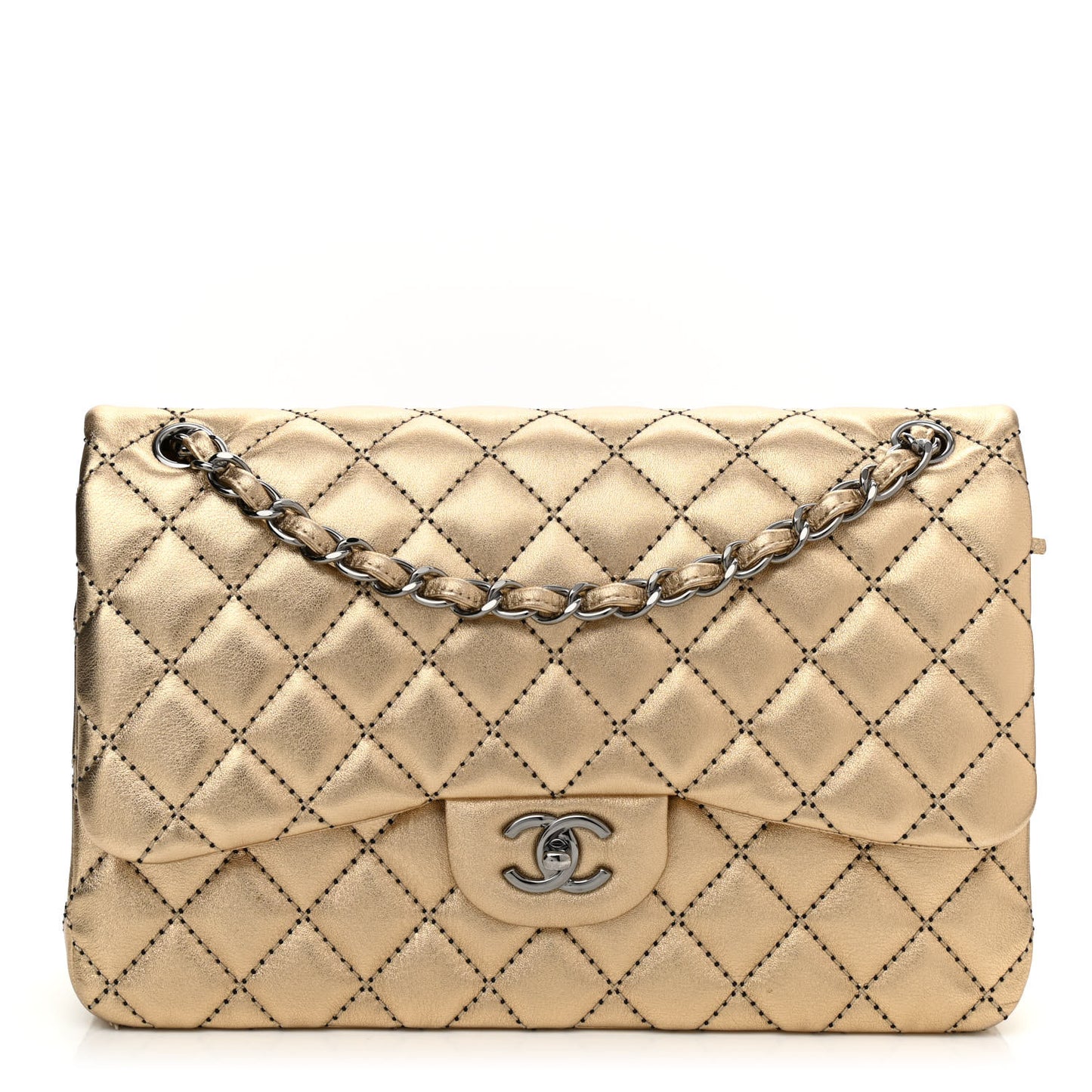 Metallic Washed Lambskin Quilted Jumbo Double Flap Dark Gold