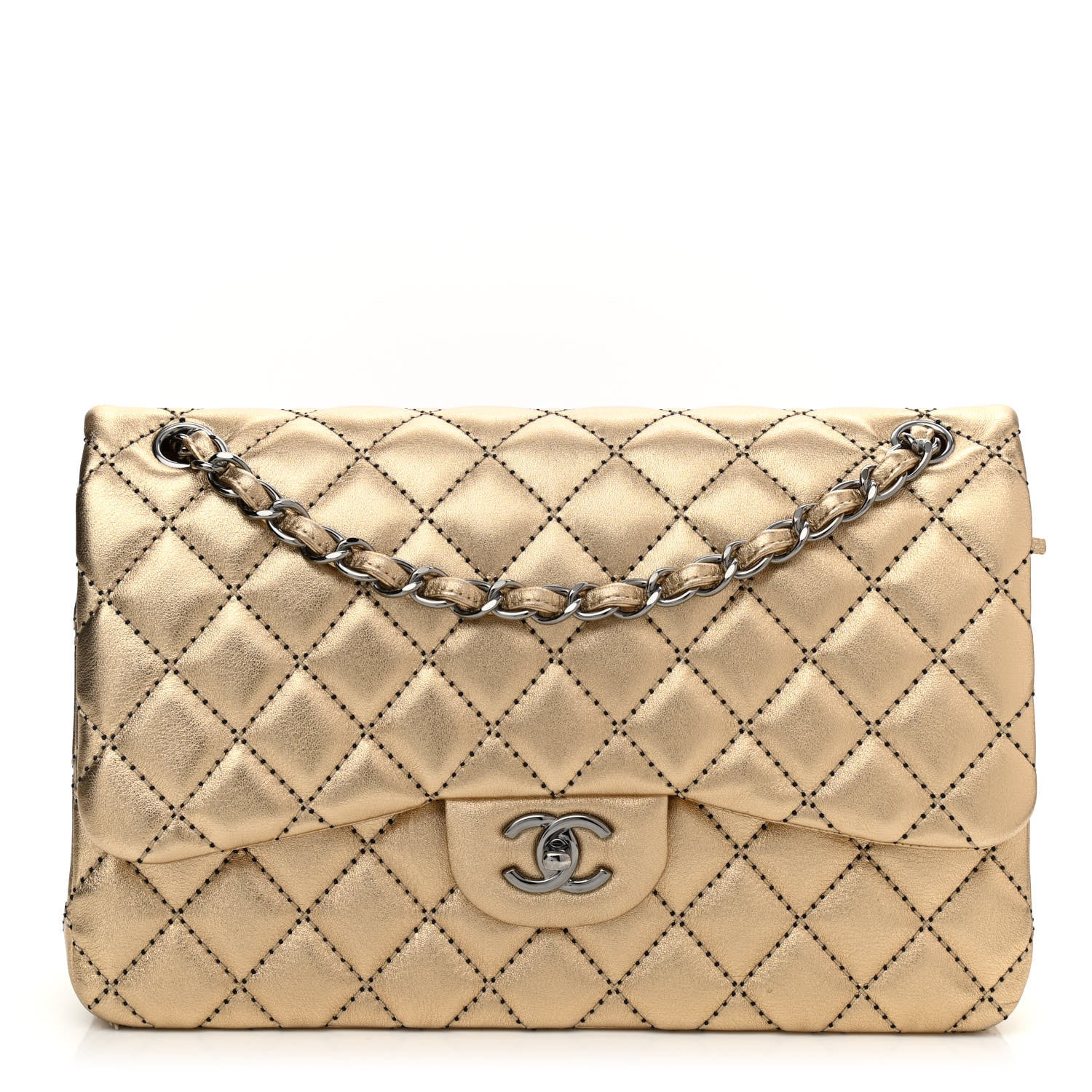 Chanel Metallic Washed Lambskin Quilted Jumbo Double Flap Dark Gold 1 of 9