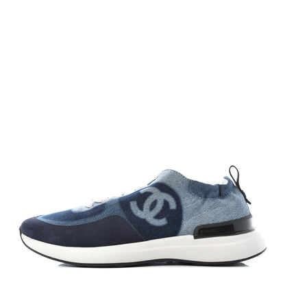 Chanel Denim Suede Calfskin Womens CC Sneakers 37 Dark Blue White Black 1 of 11