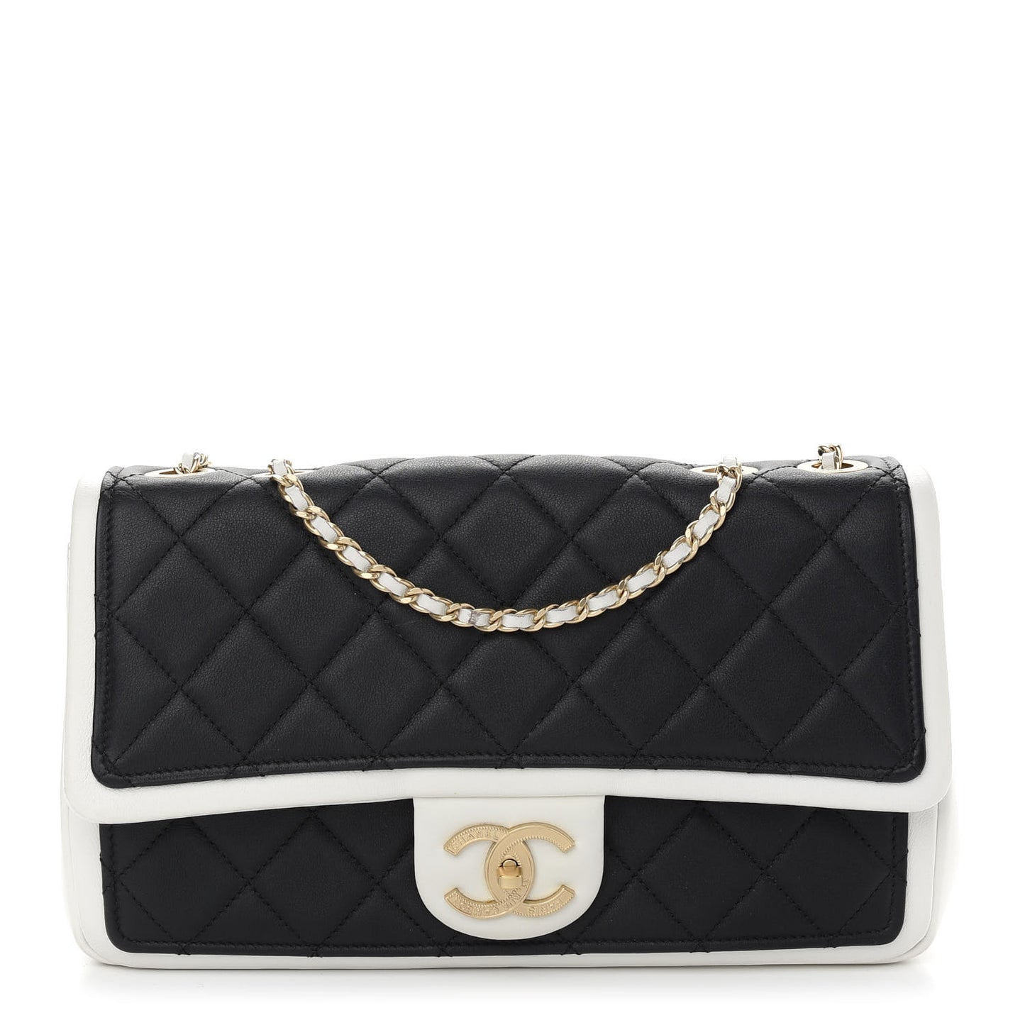 Lambskin Quilted Graphic Medium Flap Black White