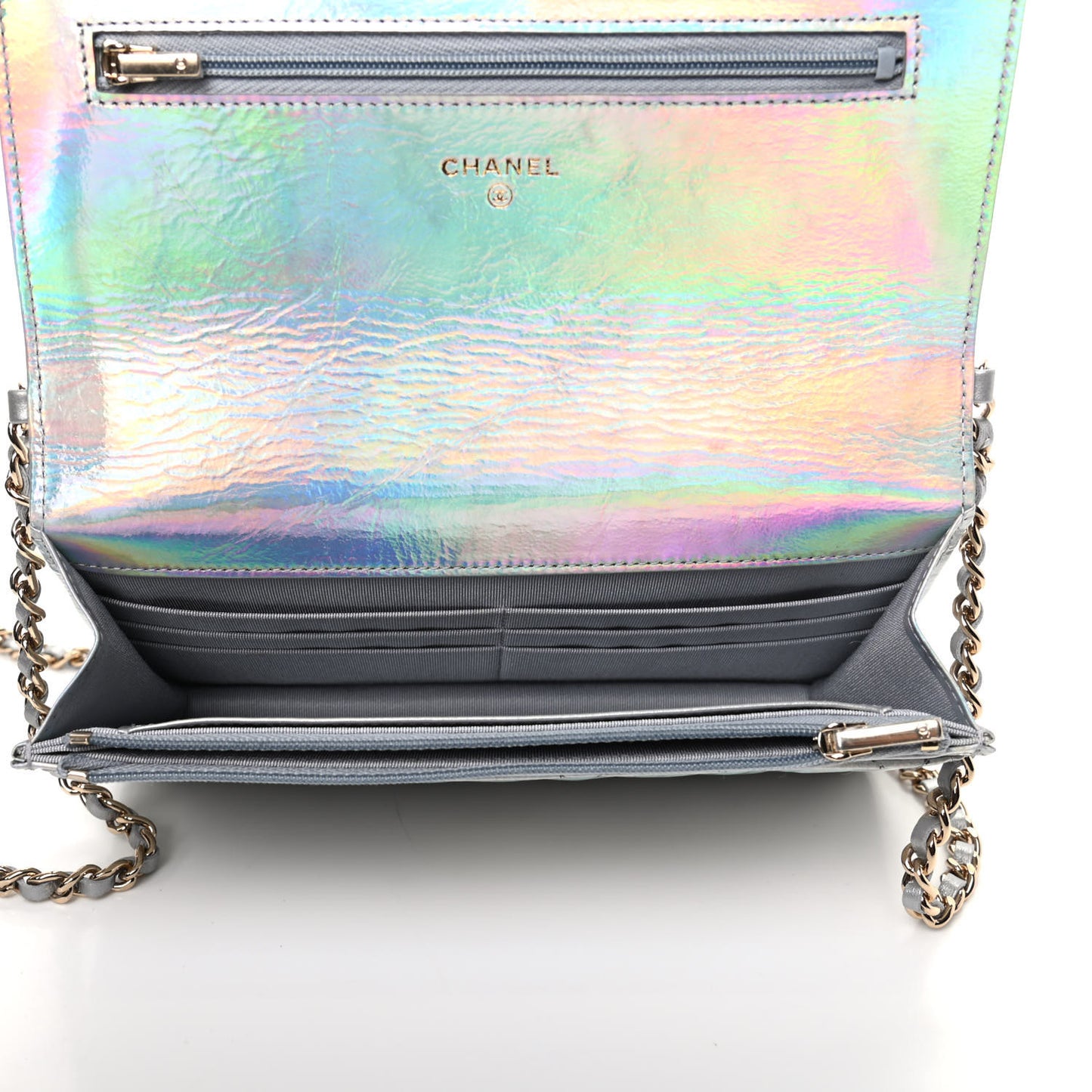 Iridescent Goatskin Quilted Wallet On Chain WOC Silver