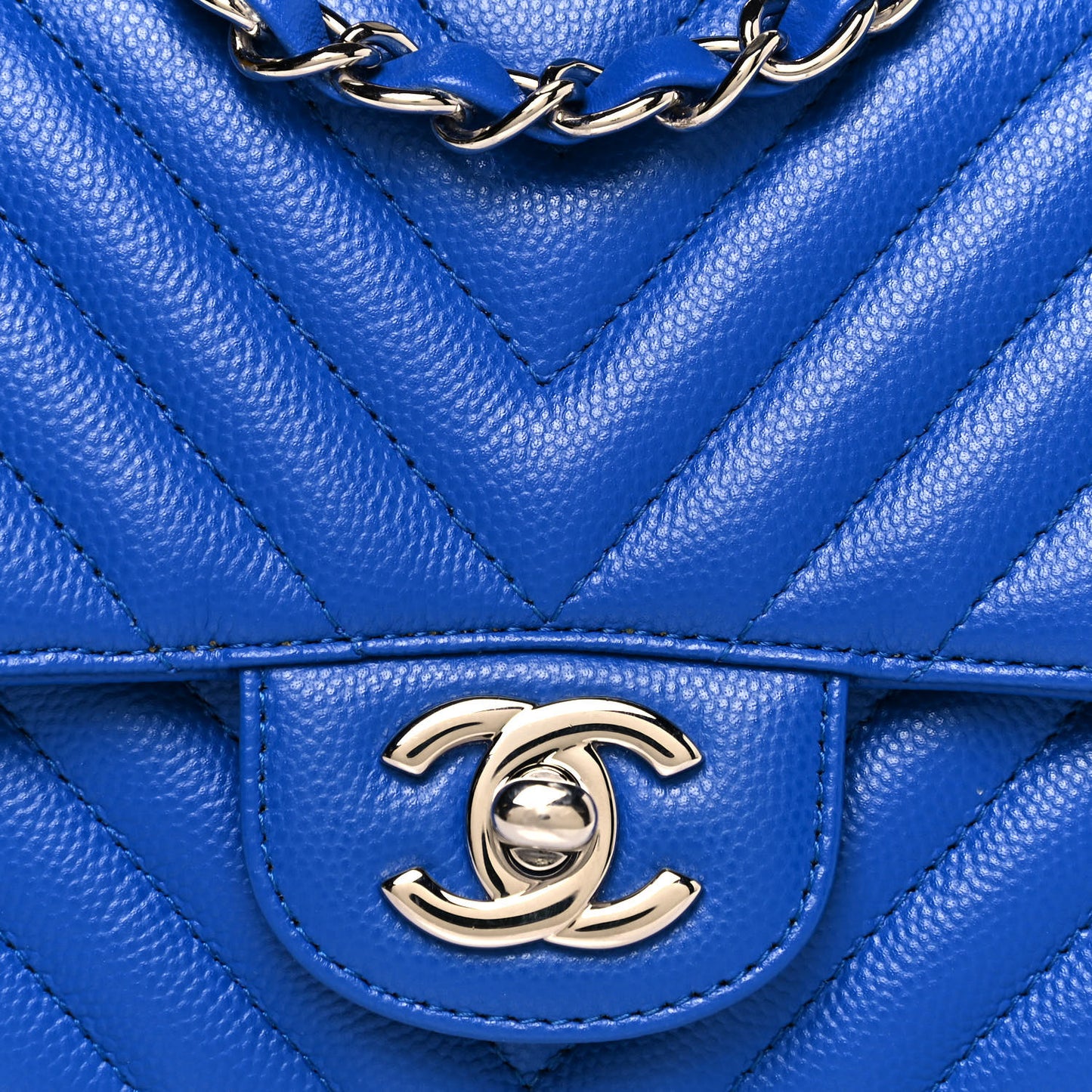 Caviar Chevron Quilted Mini Square Flap Blue