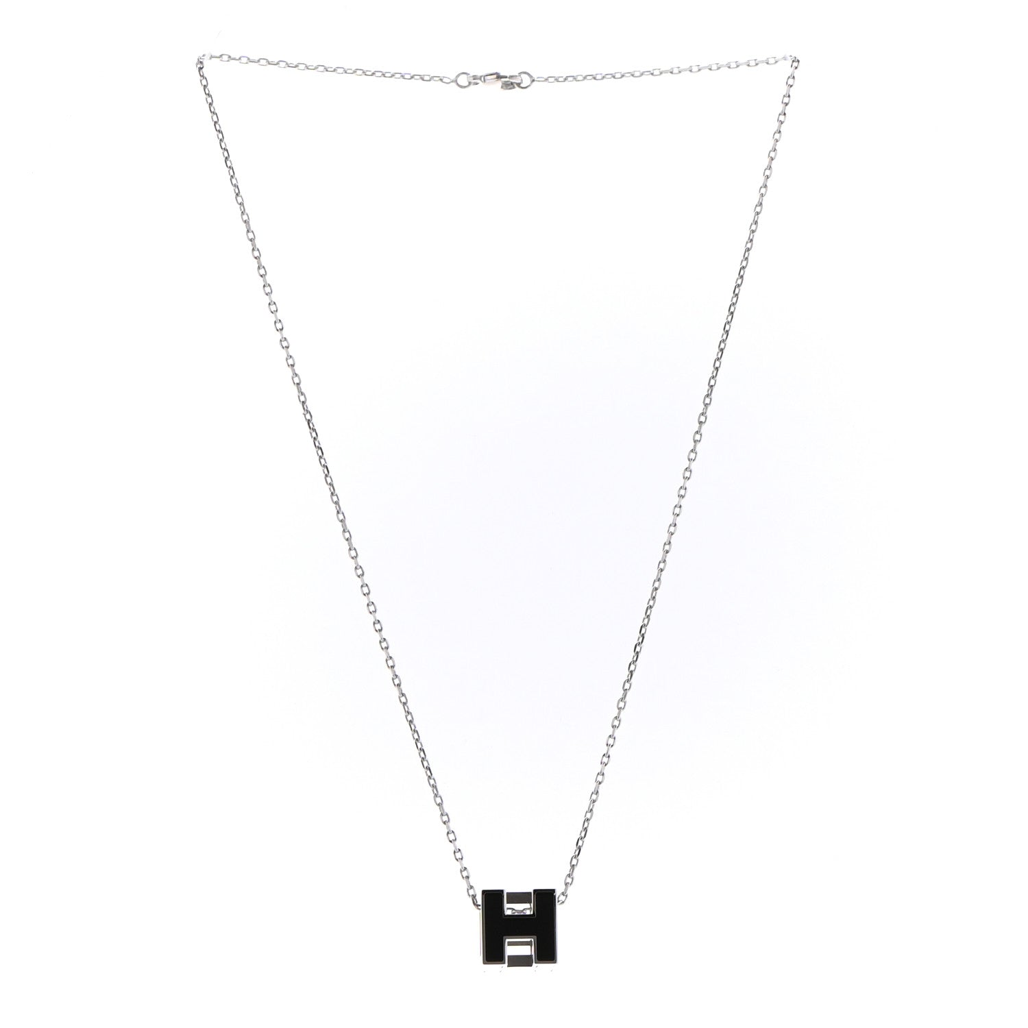 Hermes Lacquered Palladium Cage d'H Pendant Necklace Black 3 of 6