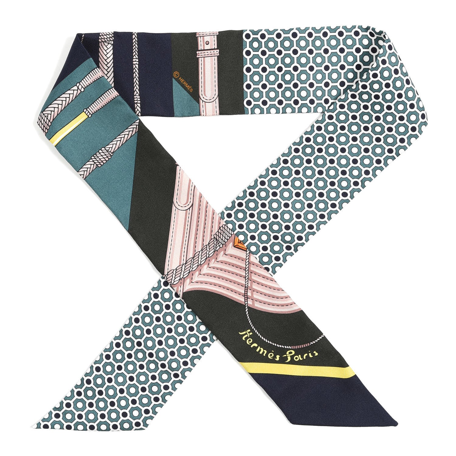 Hermes Silk Clic Clac Modern Cannage Twilly Vert Marine Vieux Rose 1 of 3