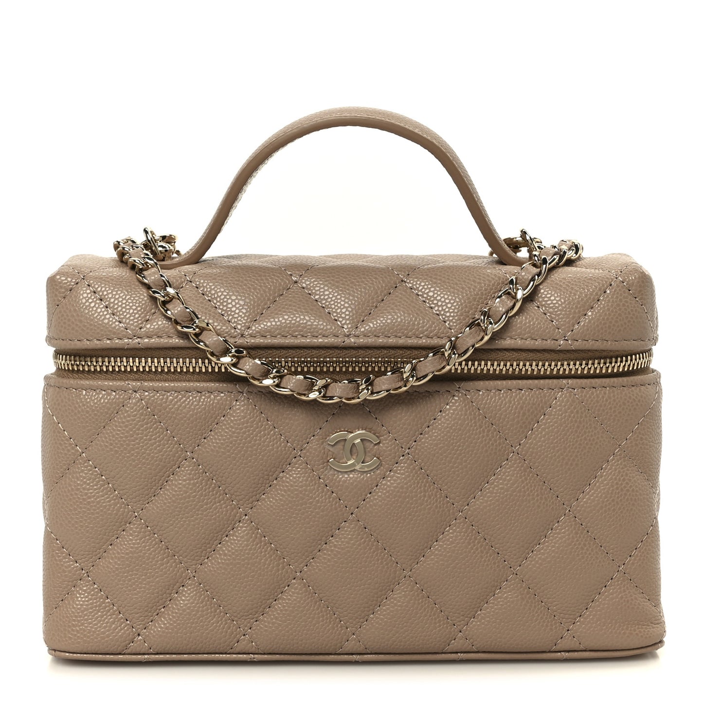 Caviar Quilted Top Handle Slim Vanity With Chain Dark Beige