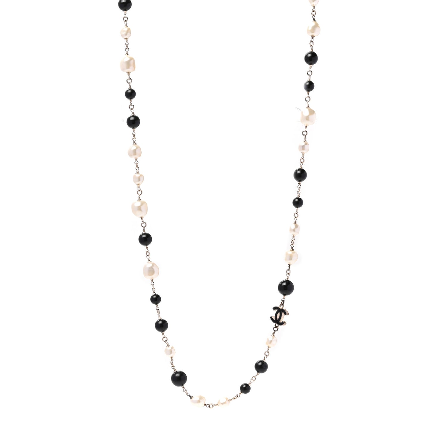 Pearl Beaded CC Long Necklace Silver Black