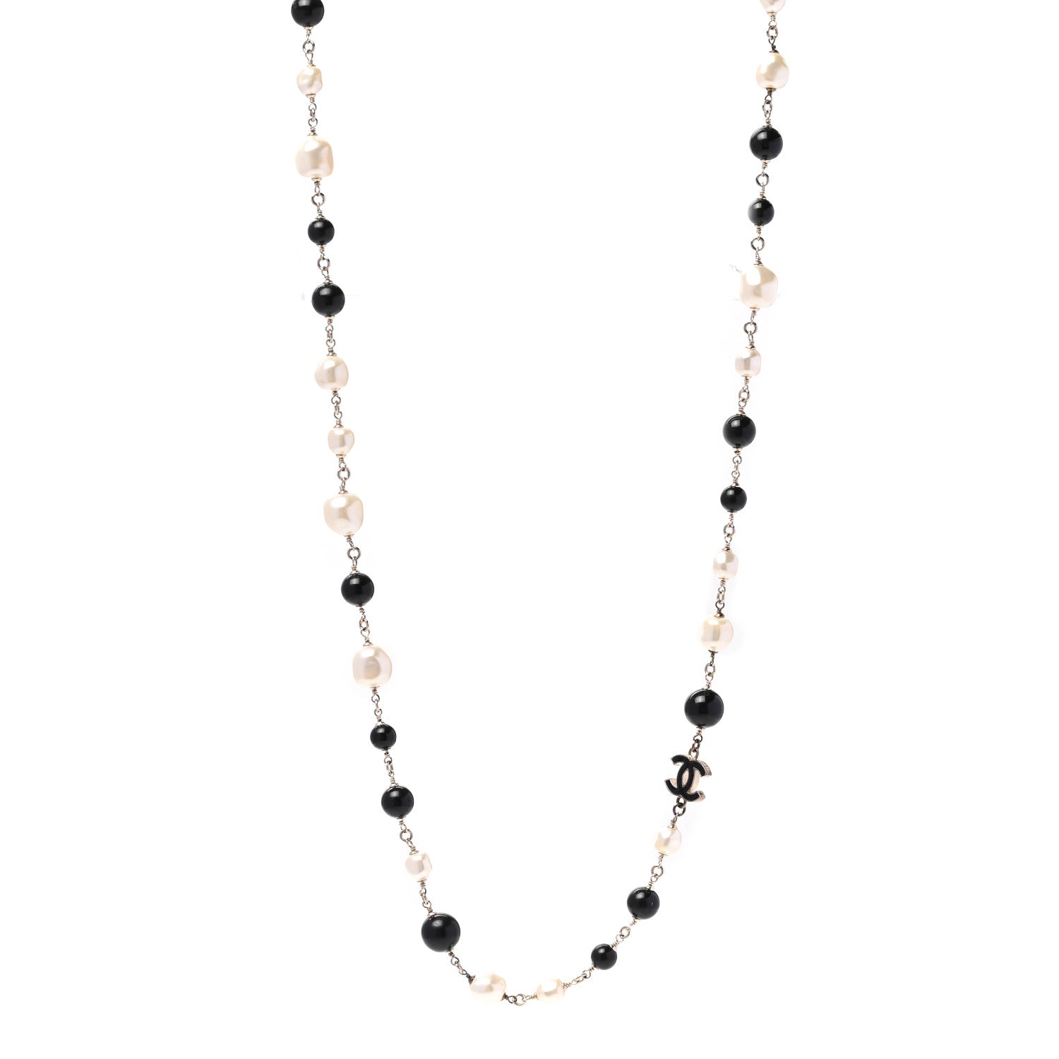 Chanel Pearl Beaded CC Long Necklace Silver Black 1 of 5