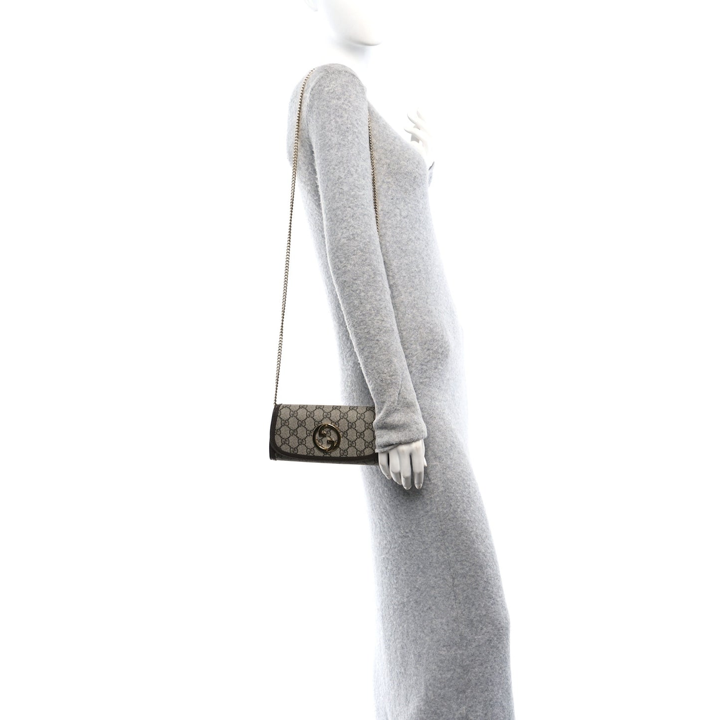 GG Supreme Monogram Textured Dollar Calfskin Blondie Continental Chain Wallet Beige Ebony New Acero