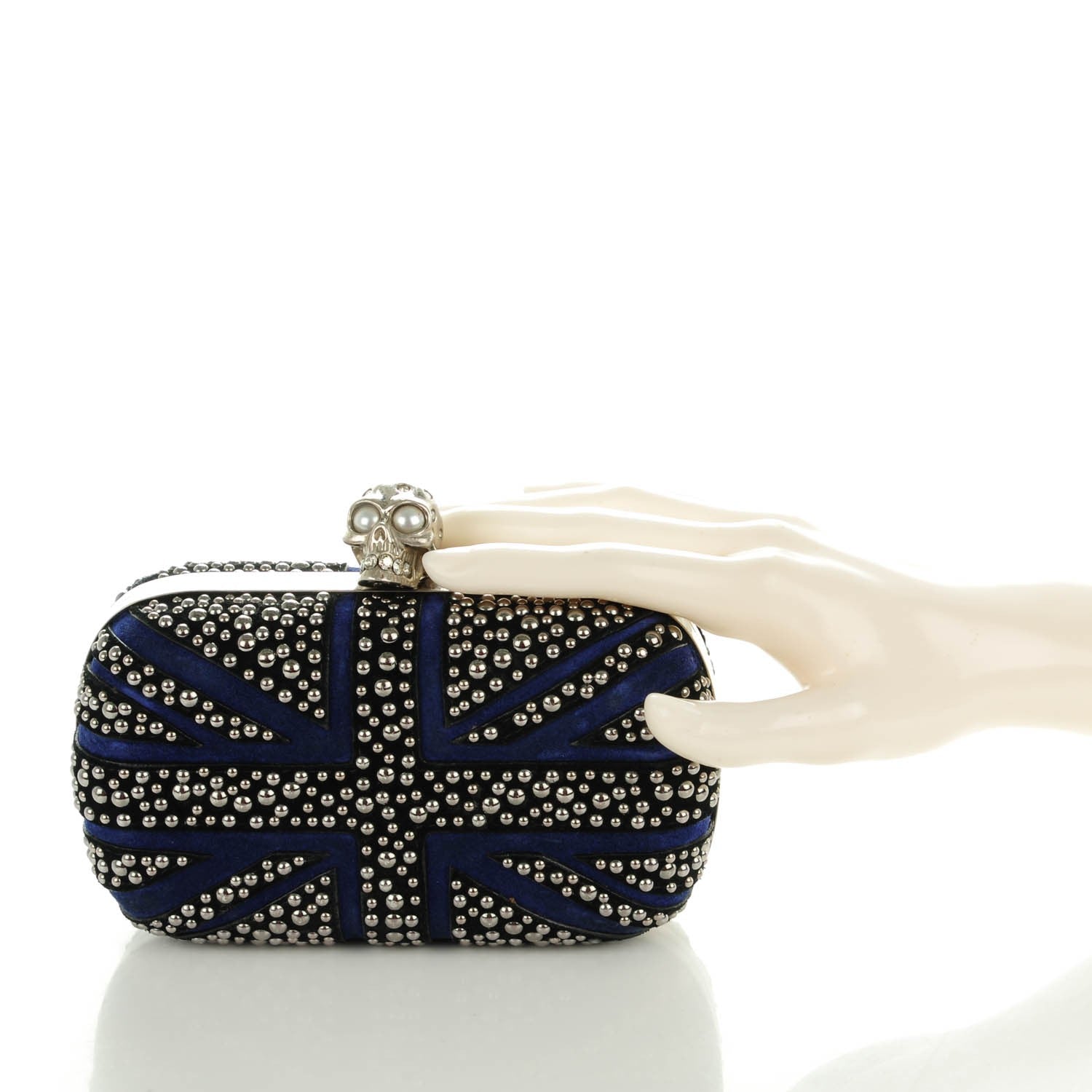 Alexander McQueen Suede Studded Britannia Skull Box Clutch Blue Black 2 of 9