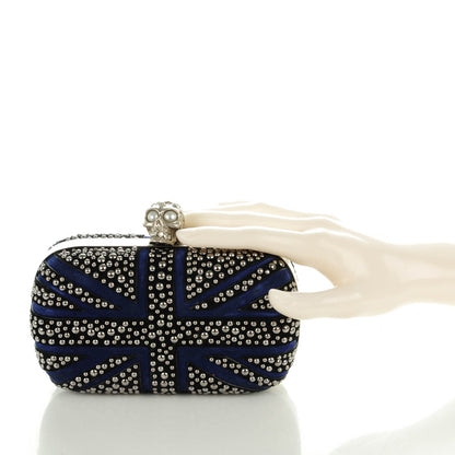 Alexander McQueen Suede Studded Britannia Skull Box Clutch Blue Black 2 of 9
