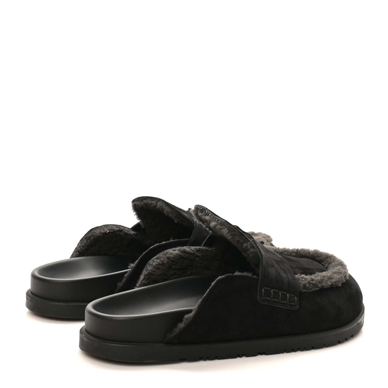Hermes Suede Goatskin Shearling Mens Go Mules 43.5 Black 5 of 10
