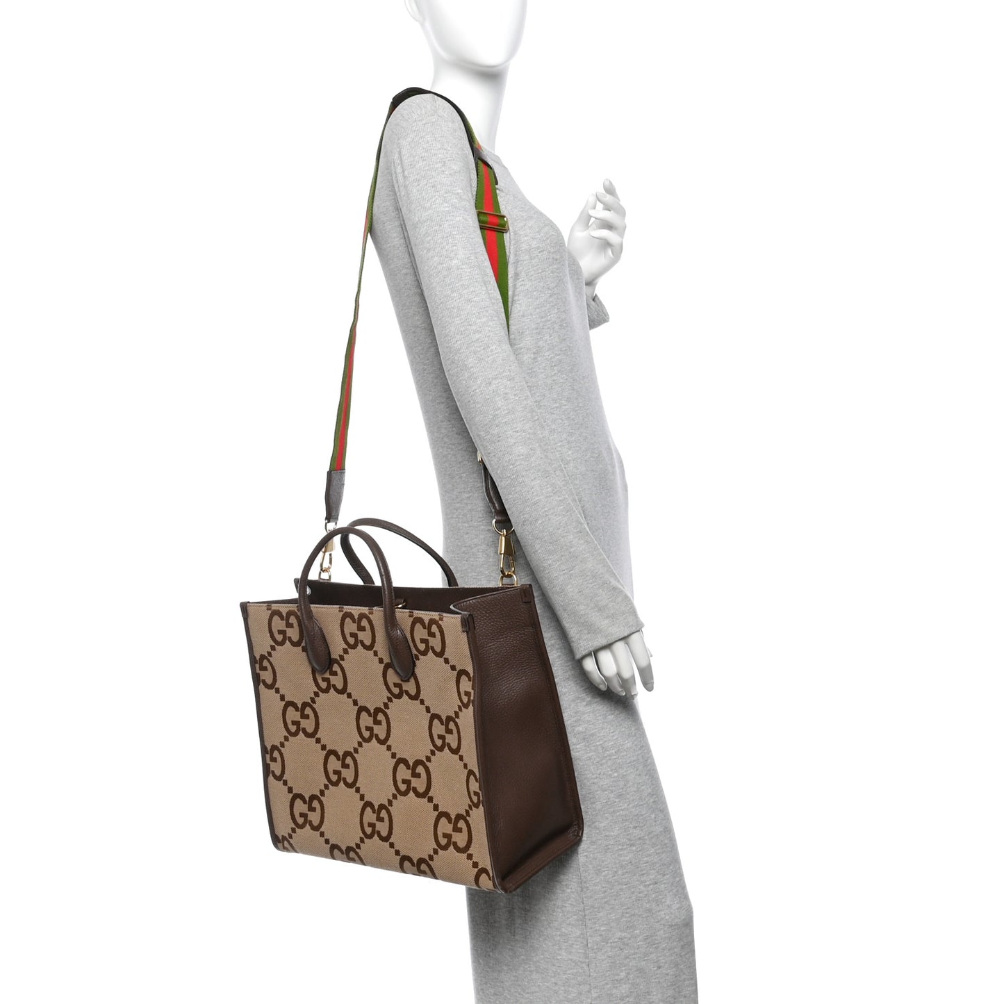 Monogram Jumbo GG Textured Dollar Calfskin Web Tote Bag Camel Ebony New Acero