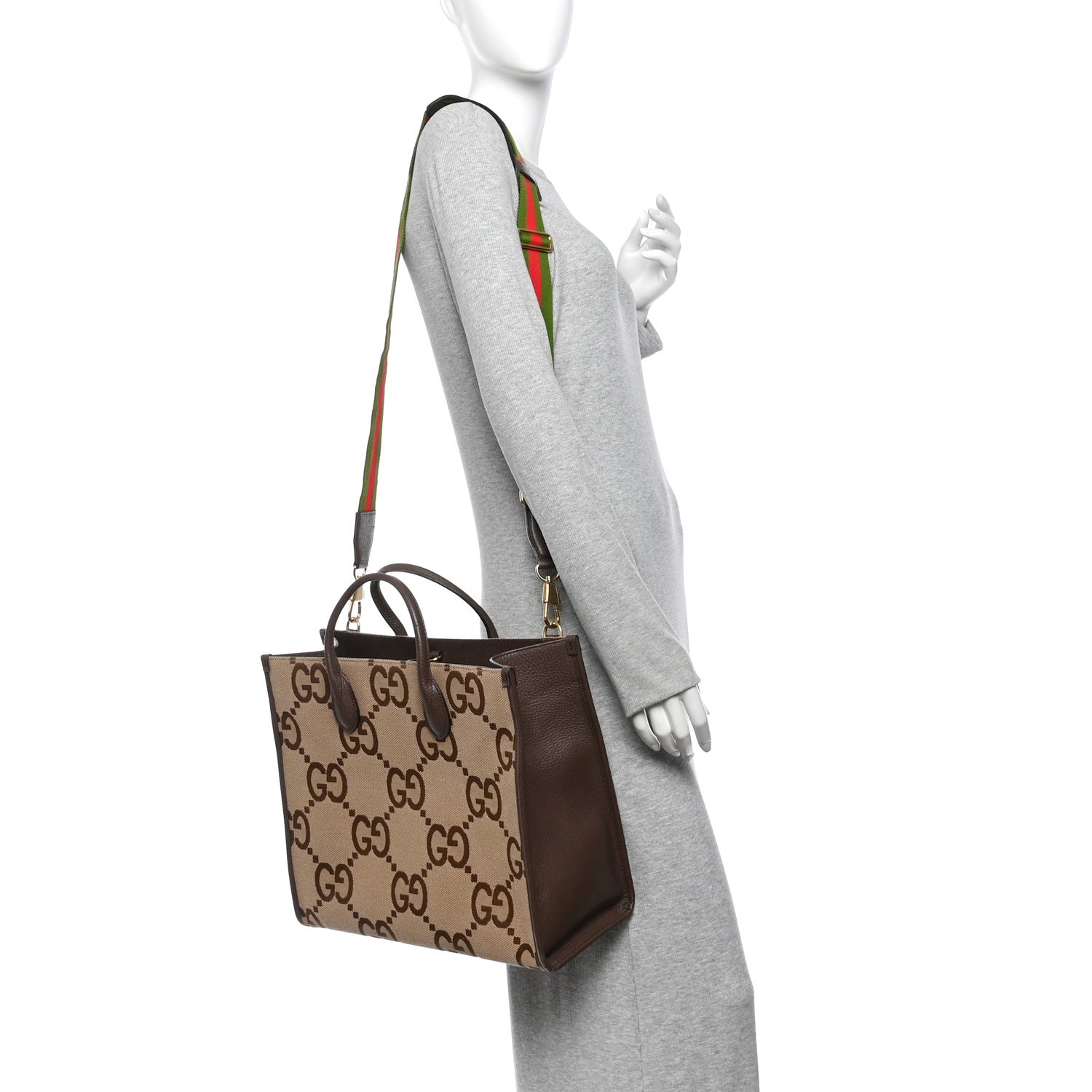 Gucci Monogram Jumbo GG Textured Dollar Calfskin Web Tote Bag Camel Ebony New Acero 2 of 15