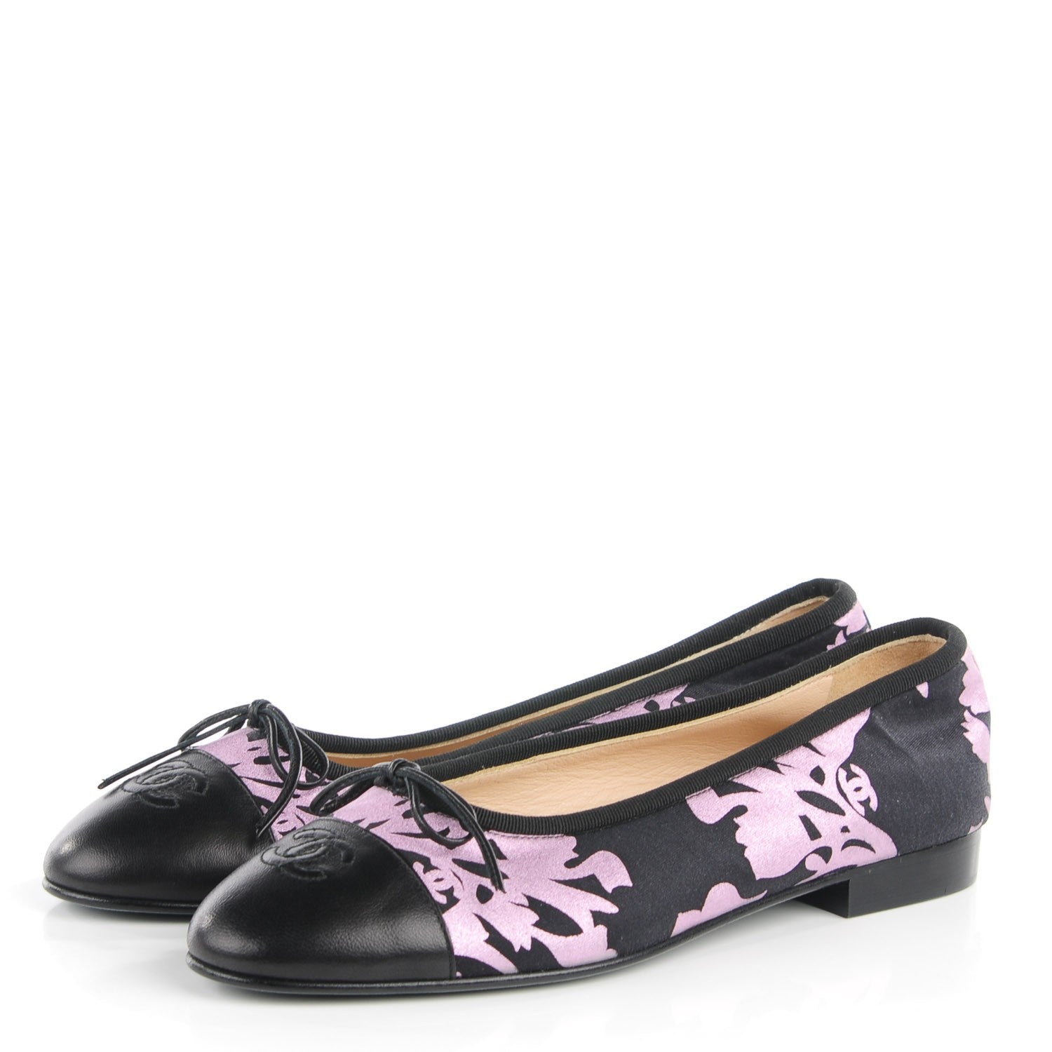 Chanel Glitter Printed Fabric Lambskin Cap Toe Ballerina Flats 38 Black Pink 3 of 6