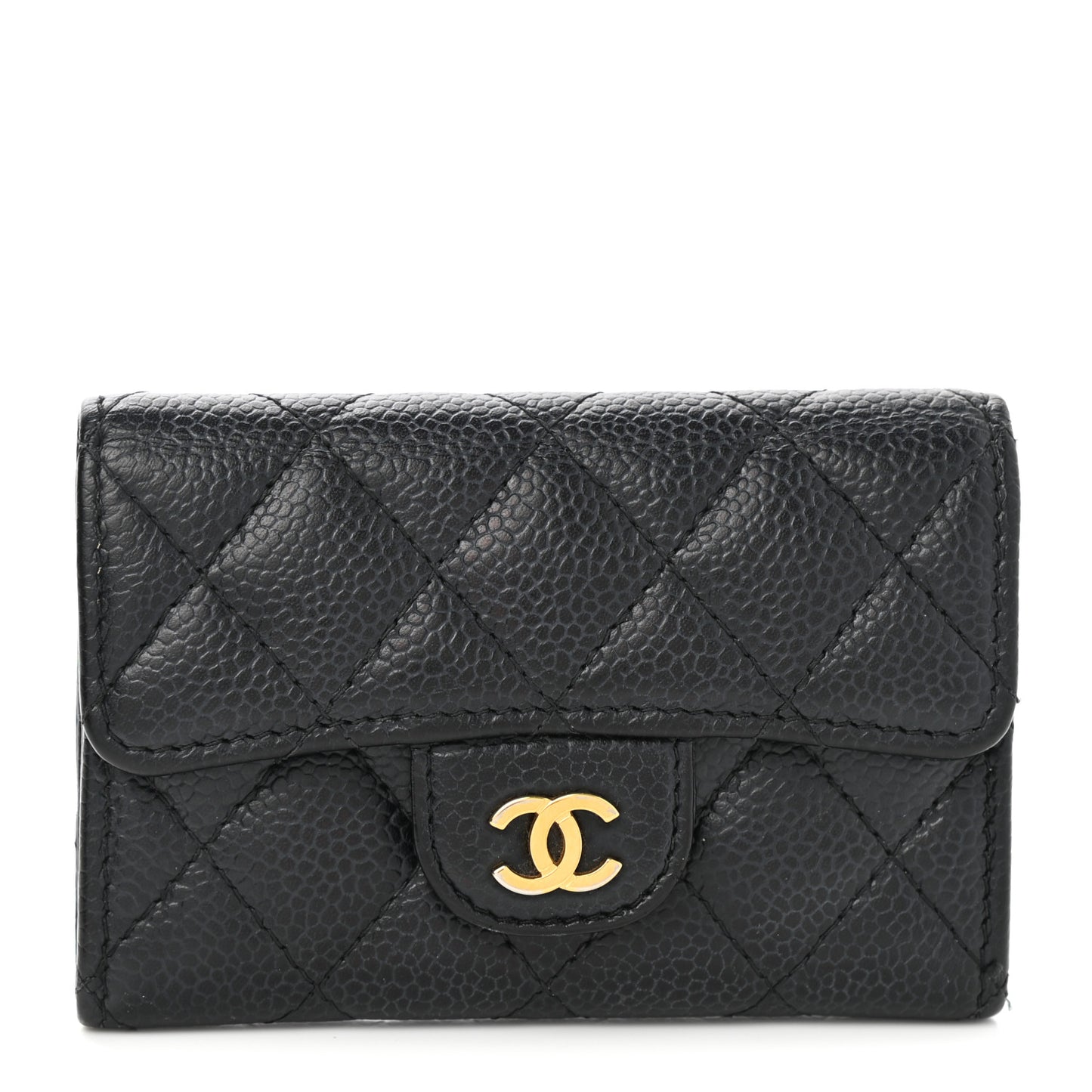 Caviar Quilted Flap Card Holder Wallet Black