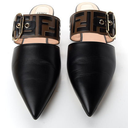 Fendi Vitello FF Embossed Pearland Buckle Flat Mules 39 Maya Black 5 of 11