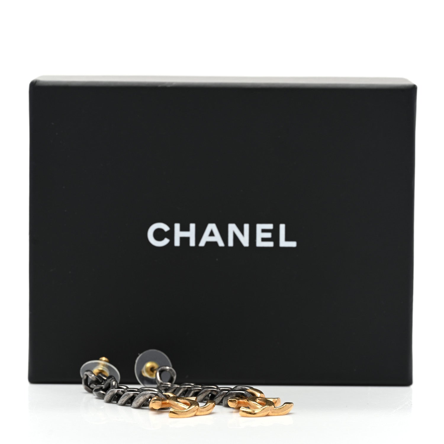 Chanel Metal CC Pick Drop Earrings Ruthenium Gold 5 of 5