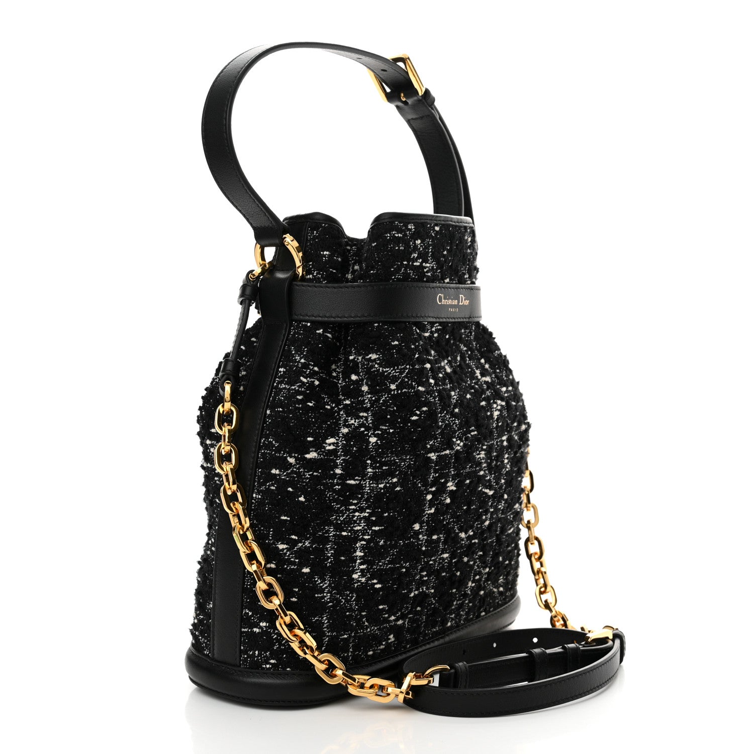 Christian Dior Calfskin Tweed Cannage Medium C'est Chain Bucket Bag Black White 3 of 11