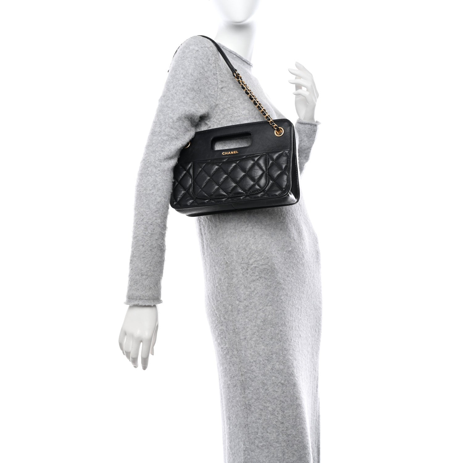 Chanel Aged Calfskin Quilted Small Graphic Catch Shopping Bag Black 2 of 10