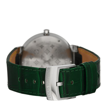 Louis Vuitton Stainless Steel Alligator Diamond 33mm Tambour Slim Quartz Watch Green 3 of 5