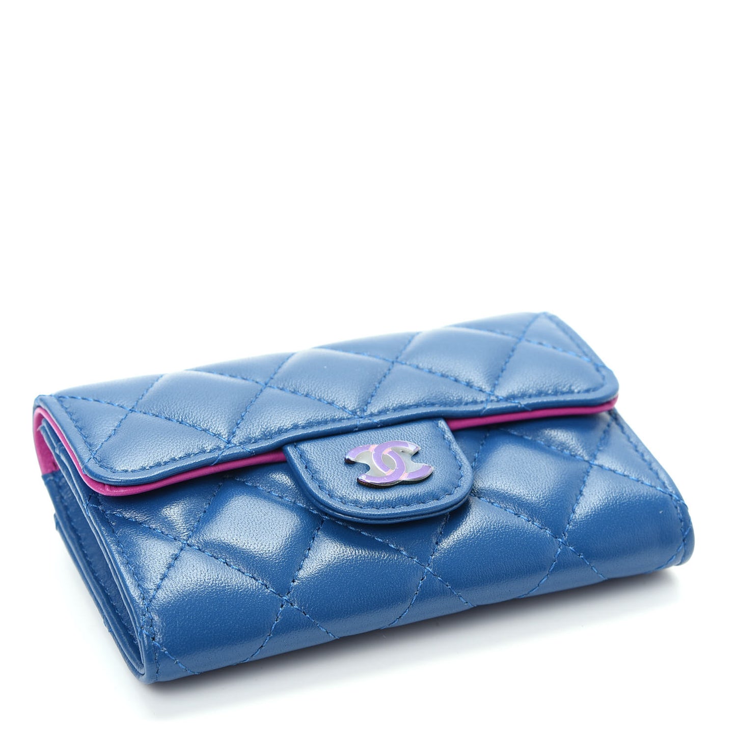 Lambskin Quilted Flap Card Holder Wallet Blue Pink