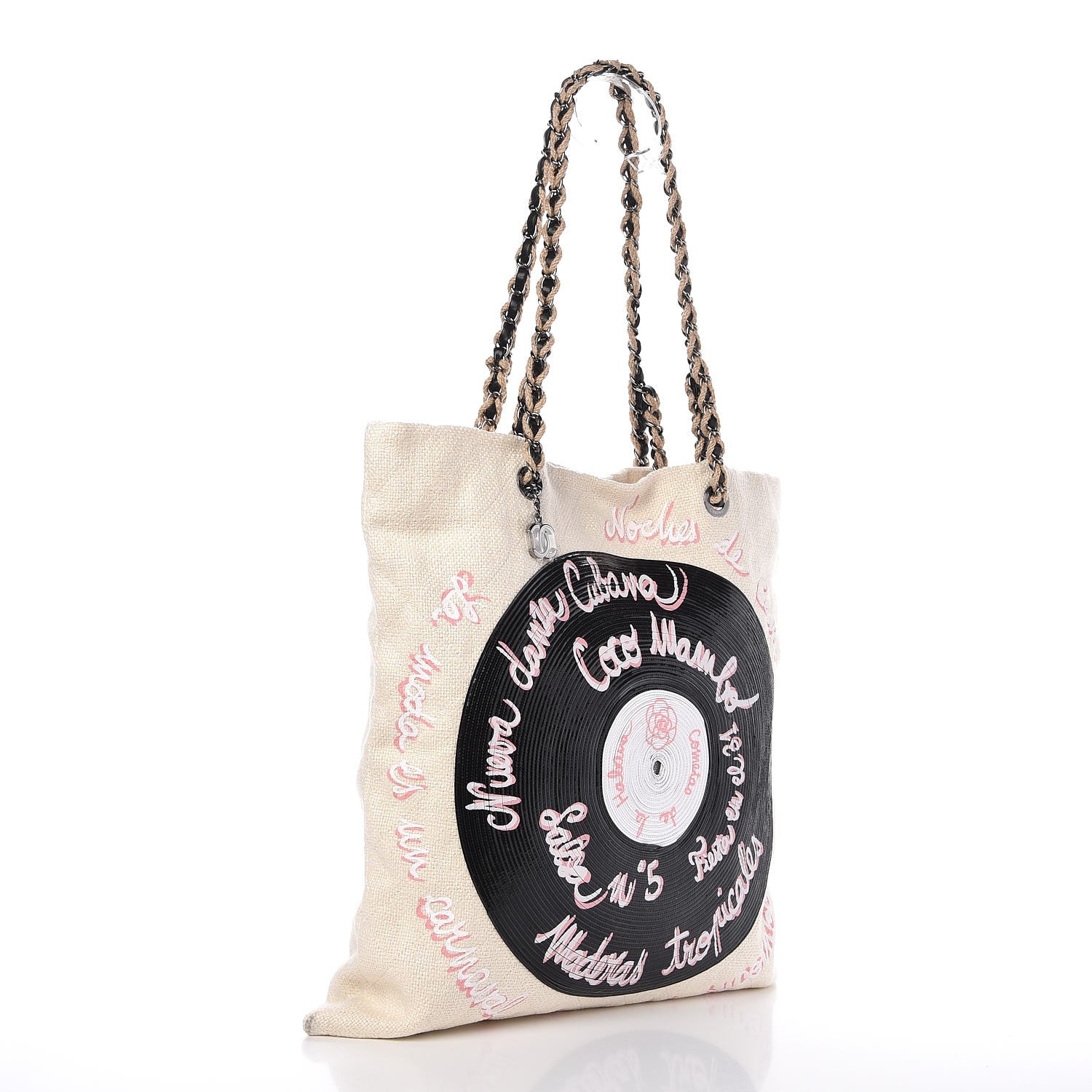 Chanel Canvas Embroidered Record Print Large Shopping Tote Ivory Black 3 of 7