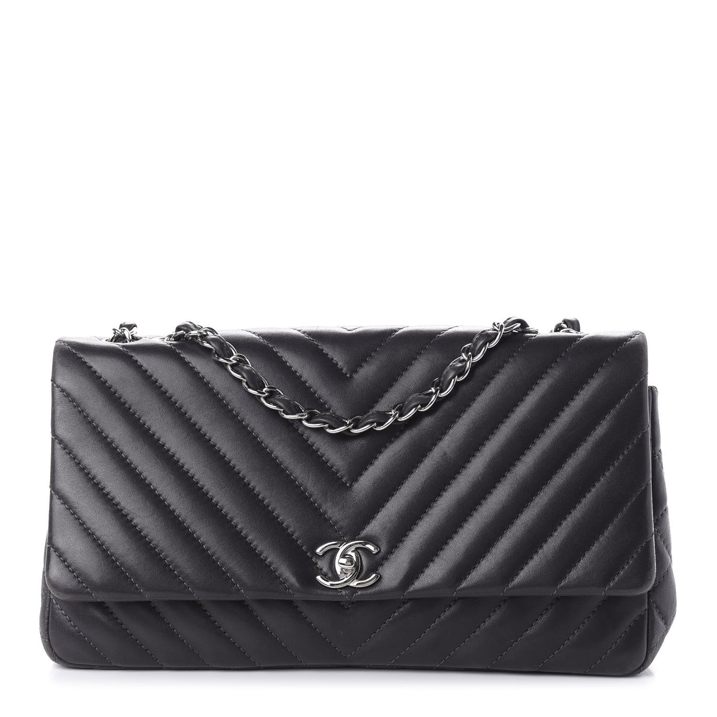 Lambskin Chevron Quilted Large Surpique Flap Dark Grey