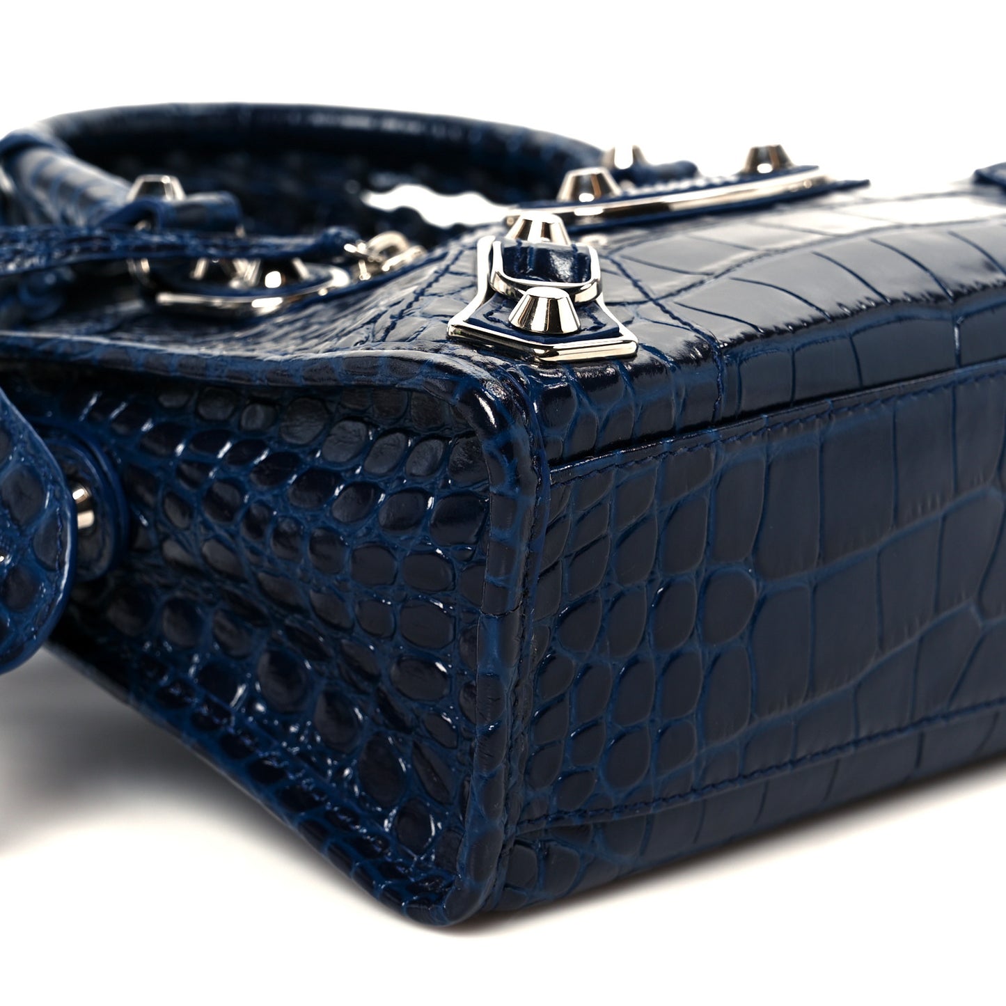 Shiny Supple Calfskin Crocodile Embossed Silver Metallic Edge Hardware Mini City Navy