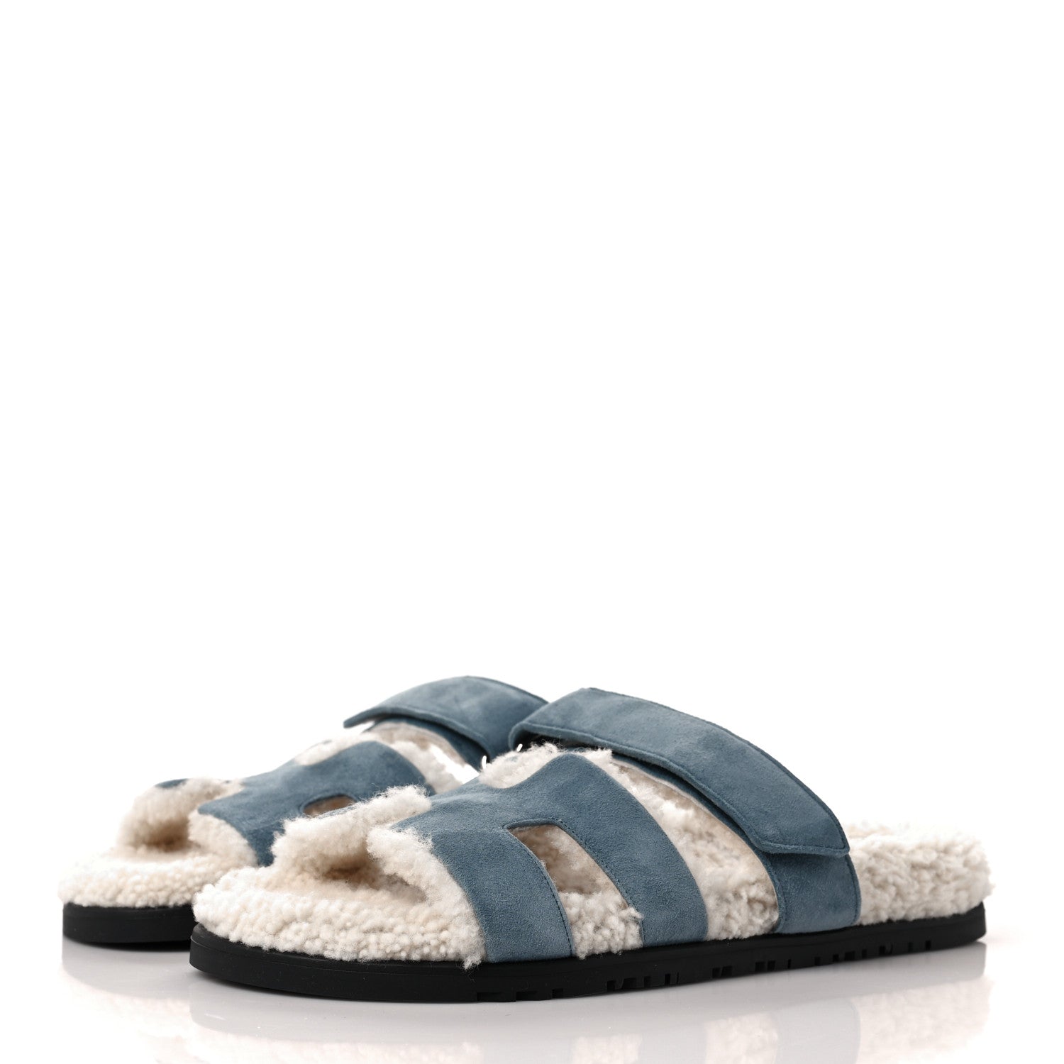 Hermes Suede Goatskin Woolskin Womens Chypre Sandals 39 Bleu Pinede Ecru 3 of 8