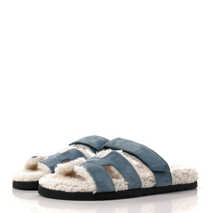 Hermes Suede Goatskin Woolskin Womens Chypre Sandals 39 Bleu Pinede Ecru 3 of 8