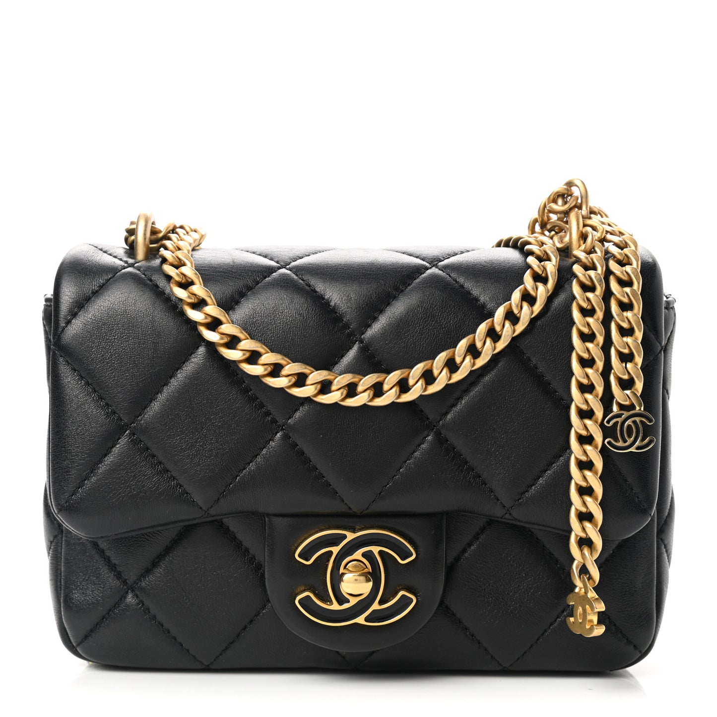 Lambskin Enamel Quilted Mini Pending CC Square Flap Black