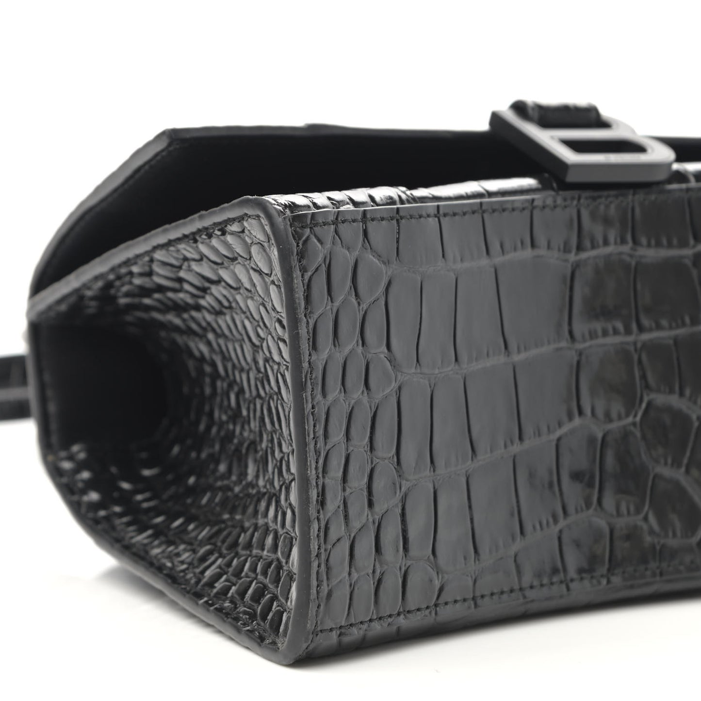Shiny Calfskin Monochrome Crocodile Embossed Small Hourglass Top Handle Bag Black