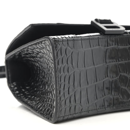 Balenciaga Shiny Calfskin Monochrome Crocodile Embossed Small Hourglass Top Handle Bag Black 10 of 13