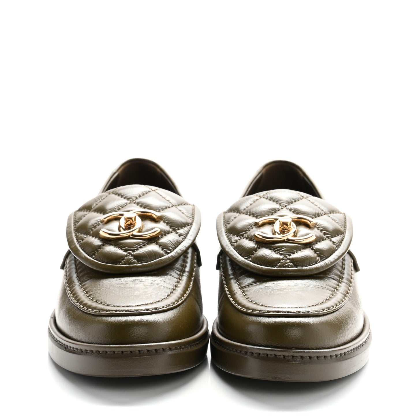 Crumpled Lambskin Quilted CC Turnlock Moccasins 37 Khaki
