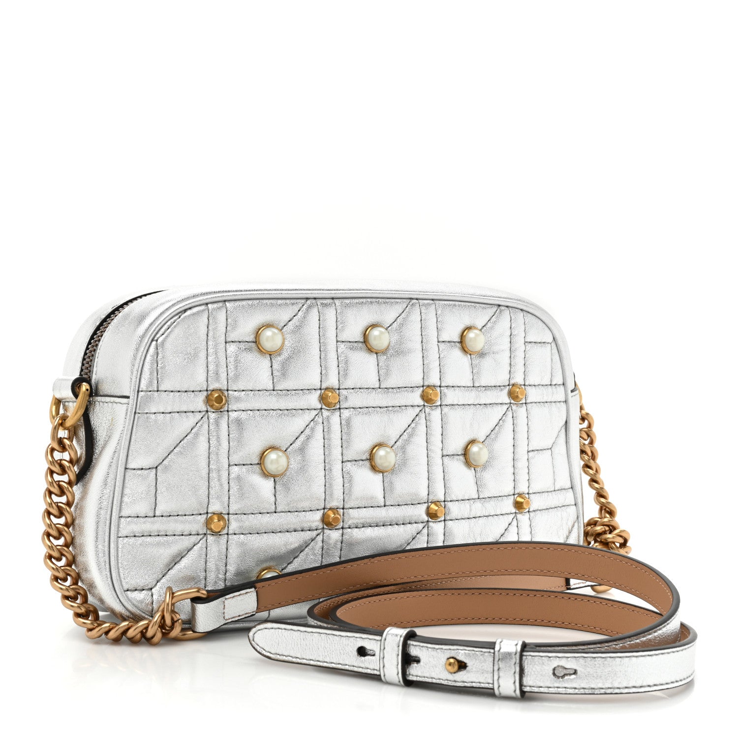Gucci Metallic Calfskin Matelasse Studded Small Pearly GG Marmont Chain Shoulder Bag Silver 2 of 10