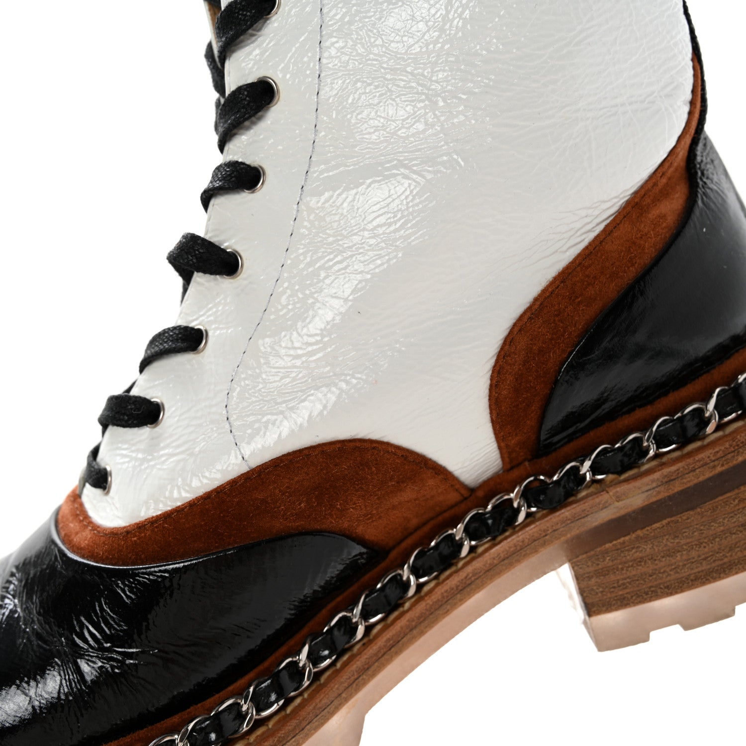 Chanel Patent Suede Lace Up Chain Boots 35.5 White Black 12 of 14
