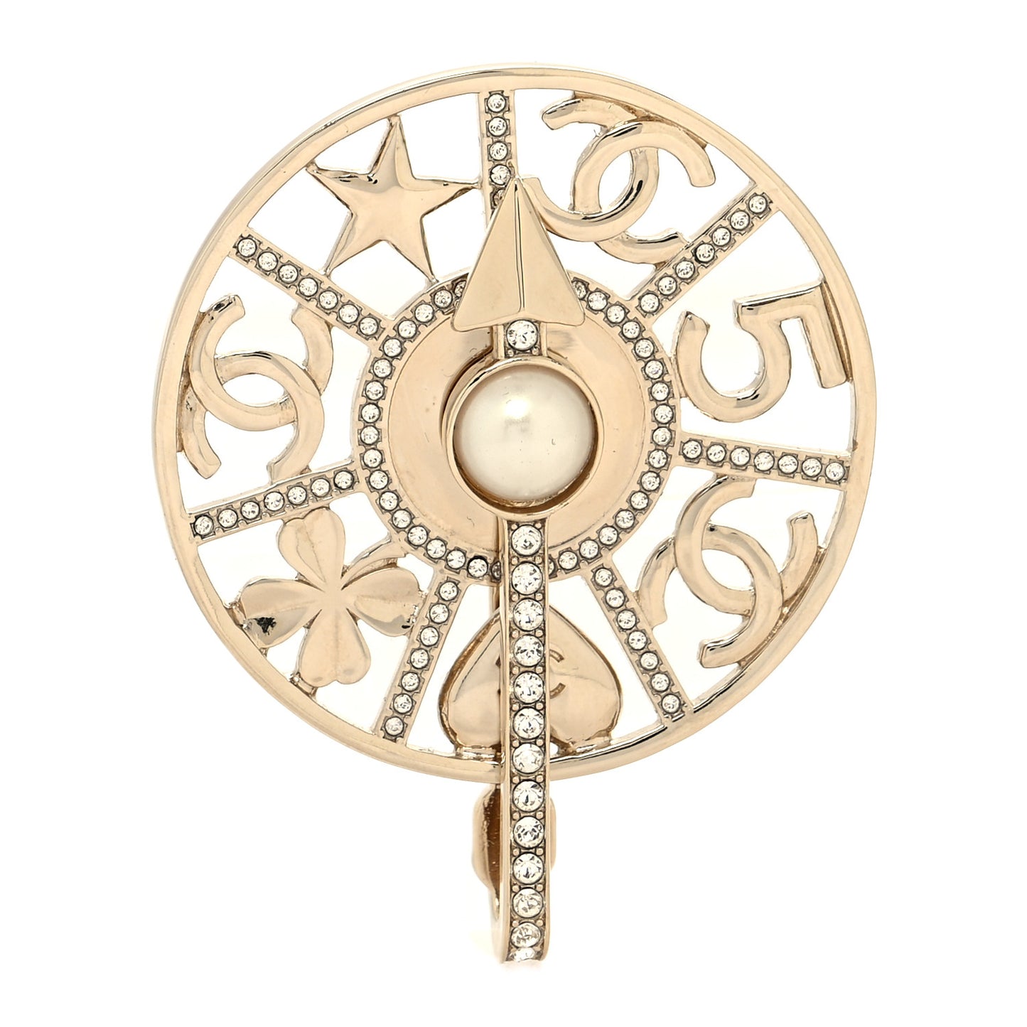 Crystal Pearl CC Charms Brooch Pearly White Gold