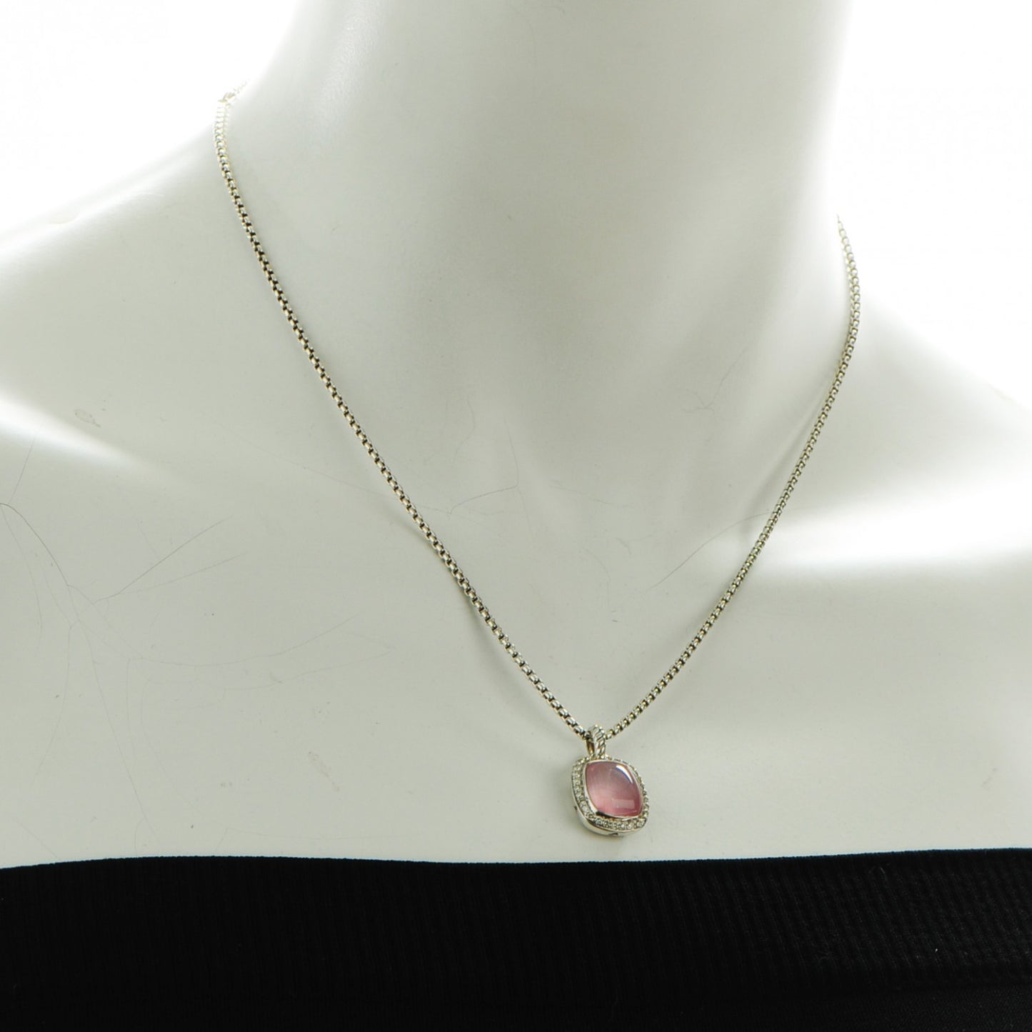 Sterling Silver Pave Diamond Rose Quartz 12mm Noblesse Pendant Necklace