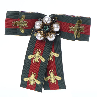 Gucci Ribbon Web Bow Bee Pearl Brooch Red Green 1 of 4