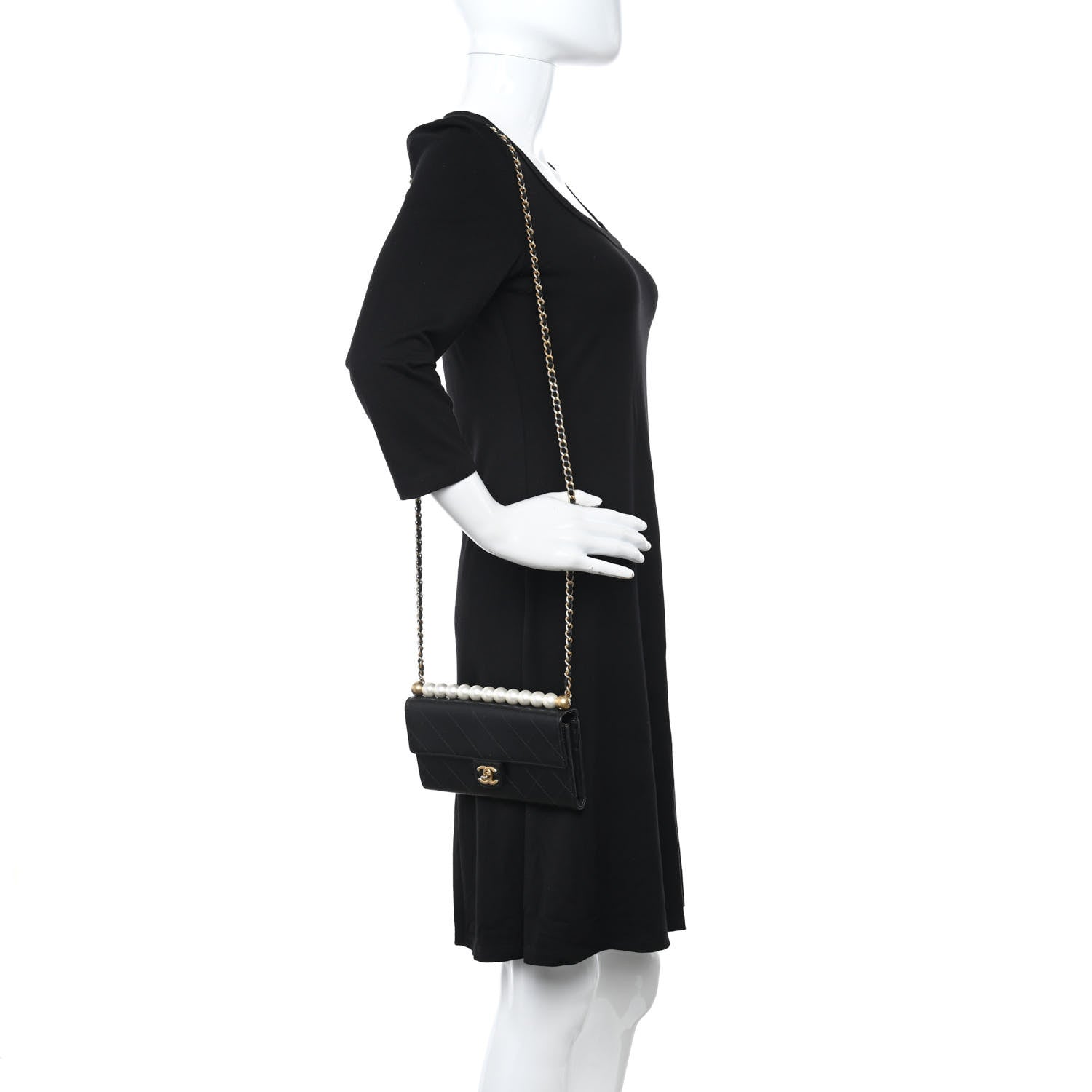 Chanel Goatskin Quilted Chic Pearls Clutch With Chain Black 2 of 10